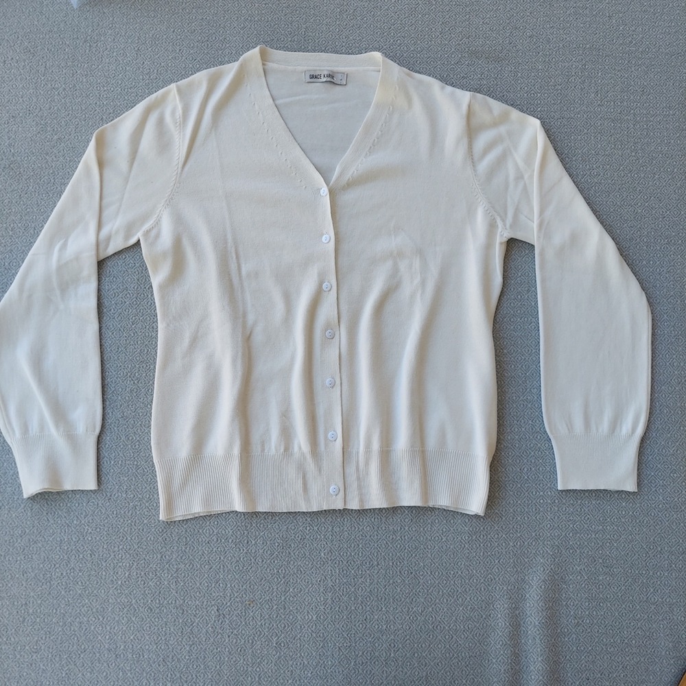 Grace Karin‎ Cardigan Women L White V-Neck Button Front Viscose Blend Knit